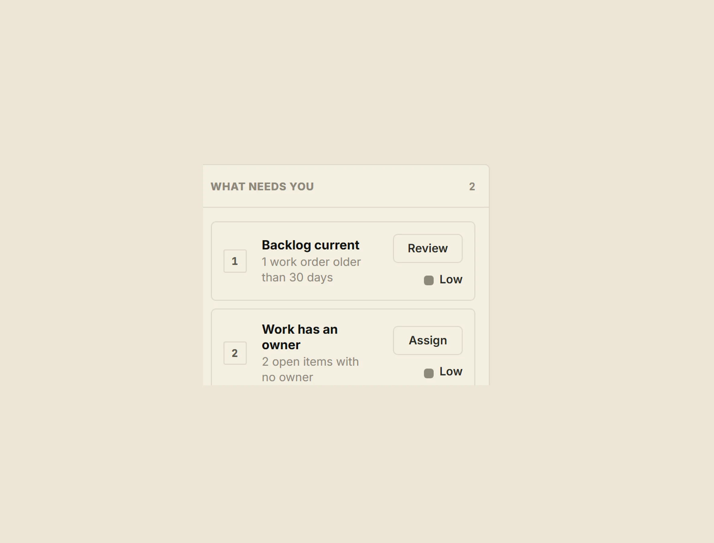 The "What needs you" queue from the demo dashboard: ranked items, each with its action button.