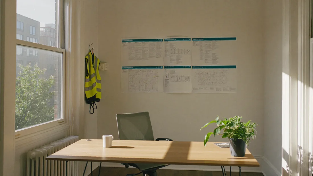 A sunlit facilities office in the morning: plans on the wall, hi-vis on the hook.